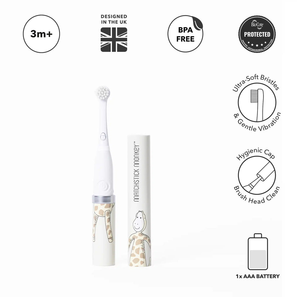 Escova de dentes elétrica Matchstick Monkey Girafa com detalhes das características: 3m+, Designed in the UK, BPA Free, Biocote Protected, Ultra-Soft Bristles & Gentle Vibration, Hygienic Cap, 1x AAA Battery.