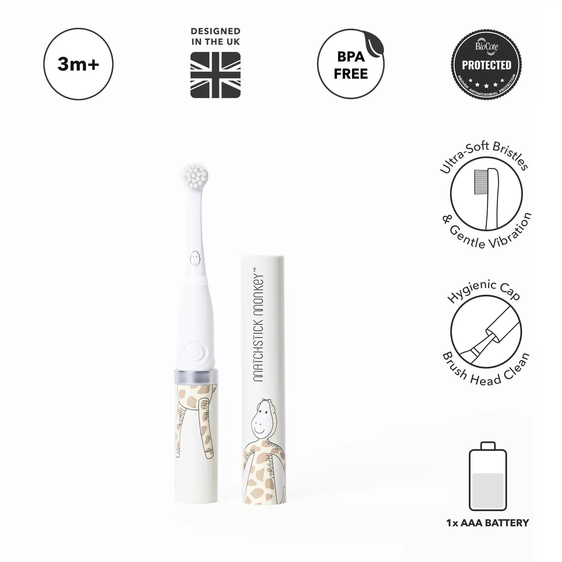 Escova de dentes elétrica Matchstick Monkey Girafa com detalhes das características: 3m+, Designed in the UK, BPA Free, Biocote Protected, Ultra-Soft Bristles & Gentle Vibration, Hygienic Cap, 1x AAA Battery.
