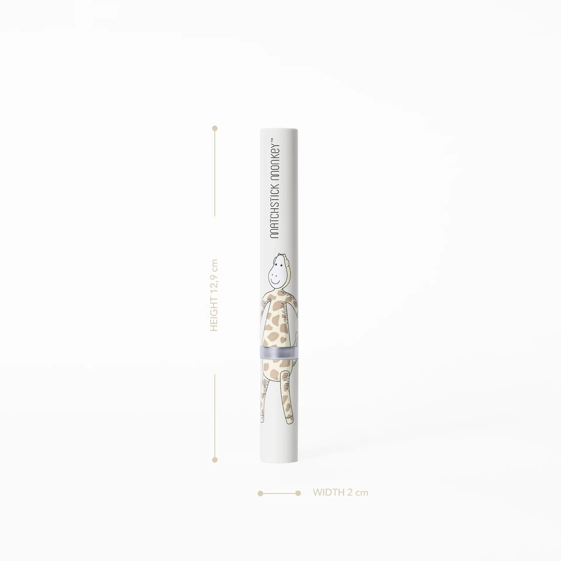 Escova de dentes elétrica Matchstick Monkey Girafa com indicações de altura (12.9 cm) e largura (2 cm) do produto.