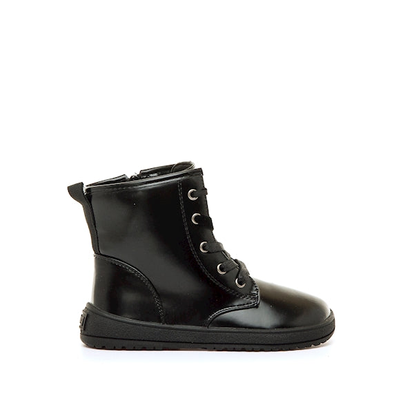 Botim barefoot Mustang Tarry preto brilhante com atacadores e fecho lateral para crianca