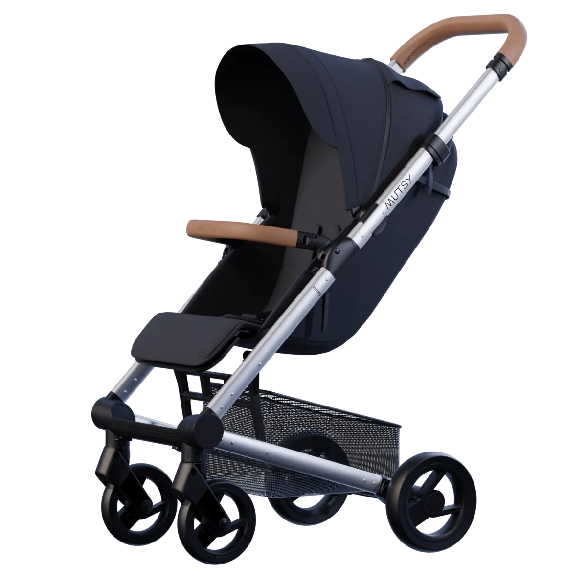 Carrinho de passeio Mutsy Nexo em cor escura (azul/preto) com chassis prateado e guiador em pele castanha, visto de lado, pronto a usar.