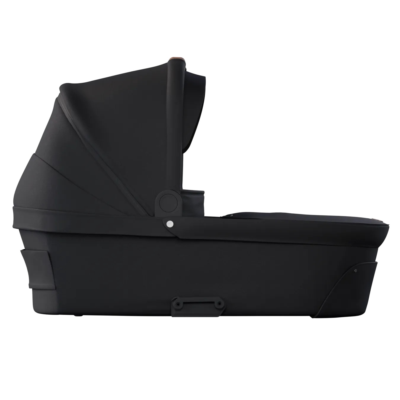 Detalhe da alcofa Mutsy Nio em cor escura, perfil lateral, mostrando o design robusto e a fixação ao chassis.