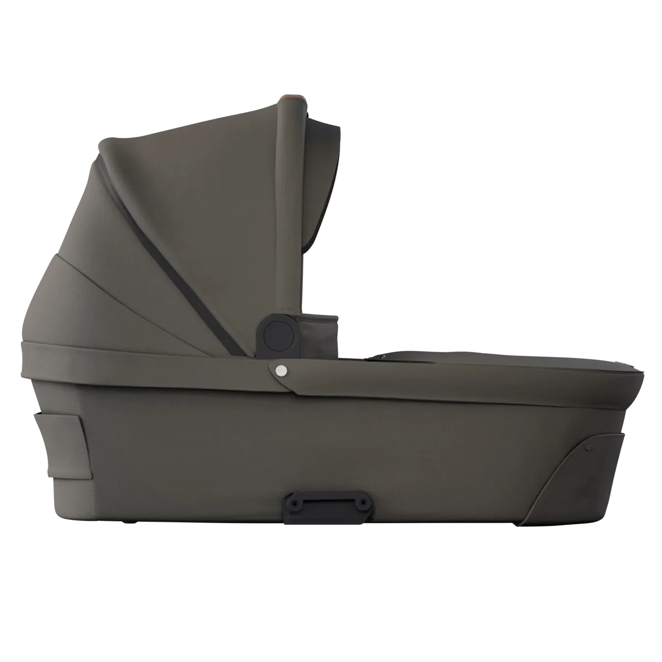 Alcofa Mutsy Nio isolada, cor verde/castanha escura, perfil lateral, focando no tecido e formato ergonómico para recém-nascidos.