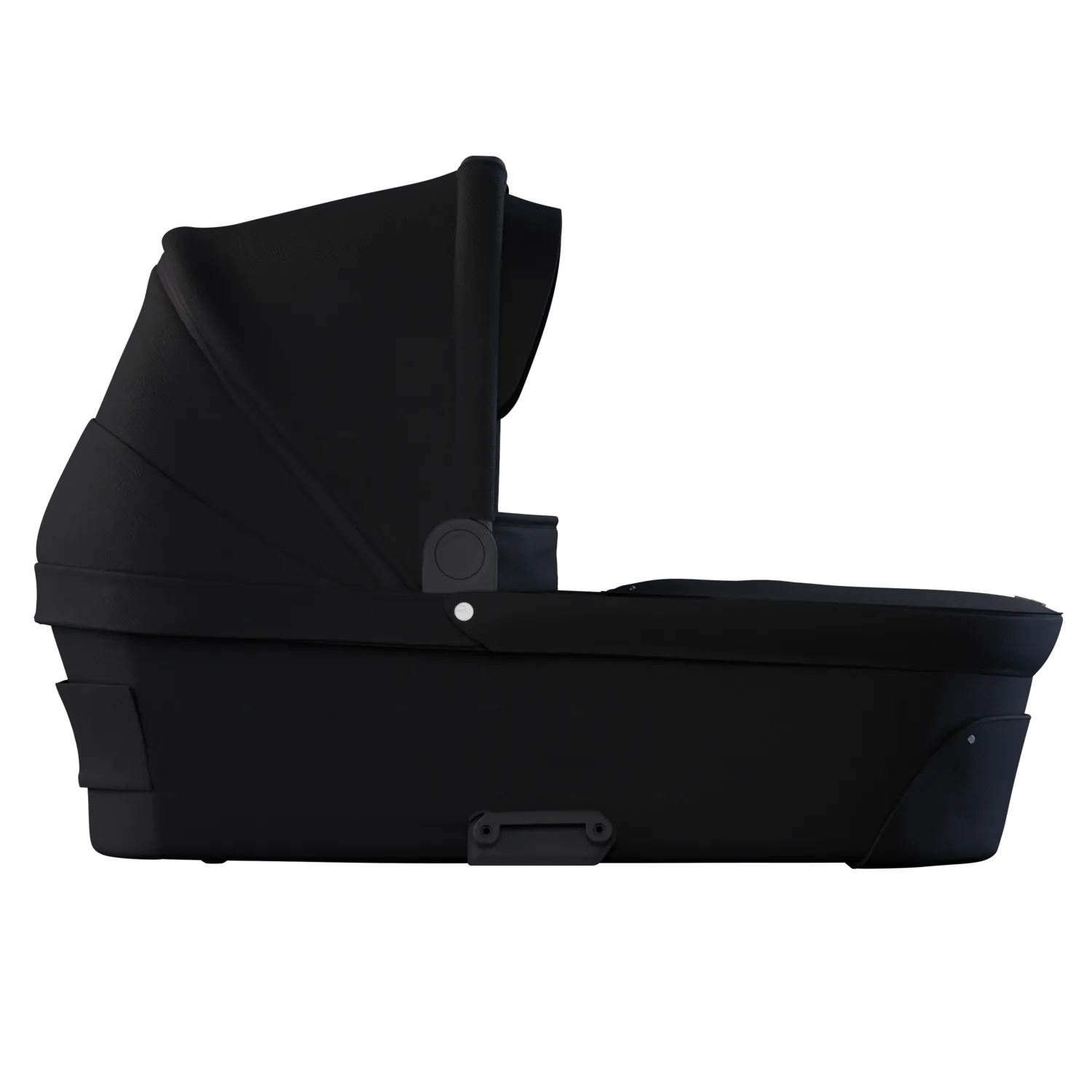 Alcofa preta do carrinho Mutsy Nio vista de lado, com capota ajustável, ideal para recém-nascidos.