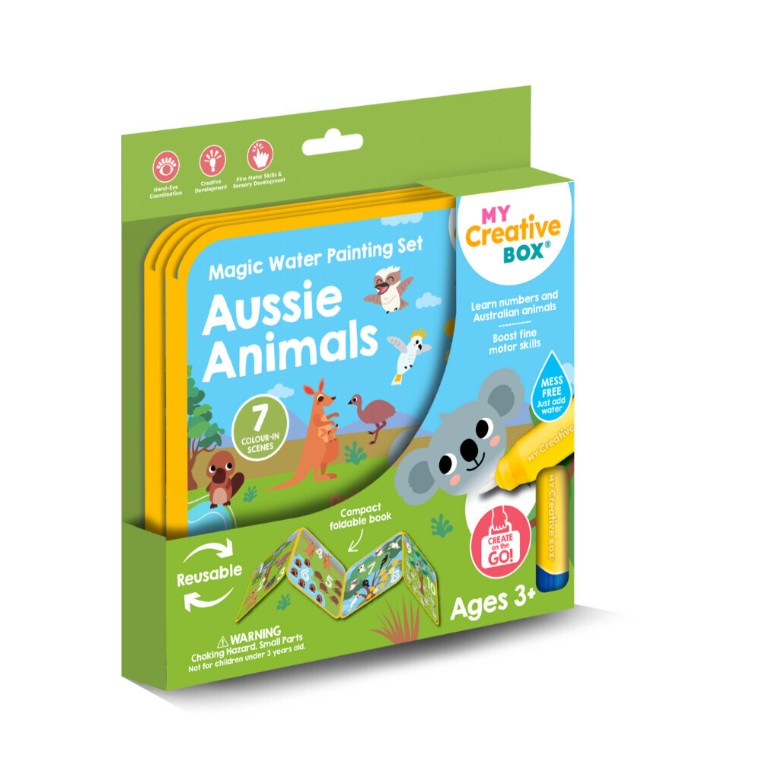 Kit de pintura com água com ilustrações de animais para crianças.
