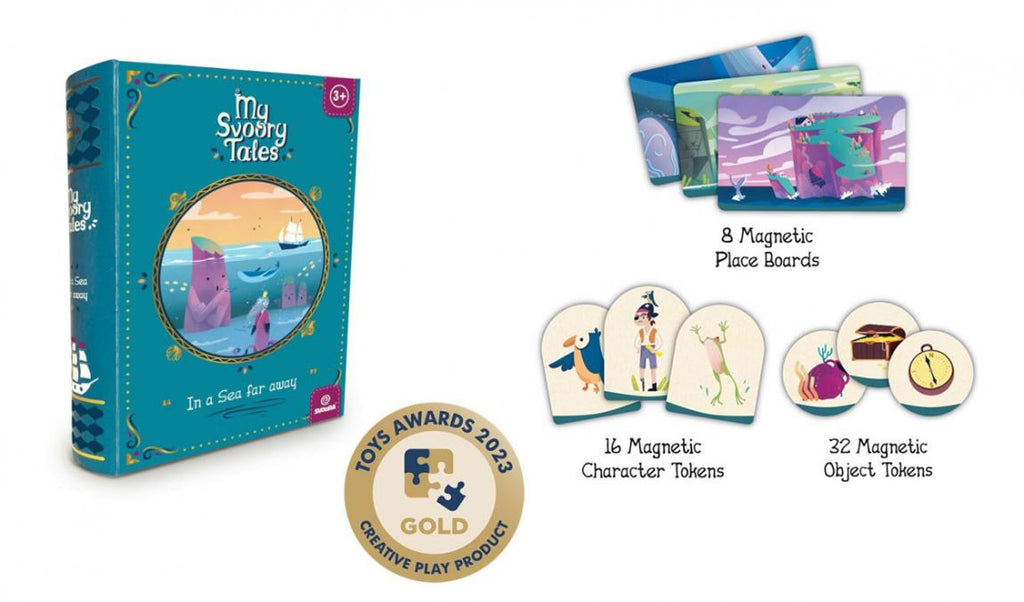 Vista geral do jogo My SvooryTales com os componentes e o selo de ouro dos Toys Awards 2023.