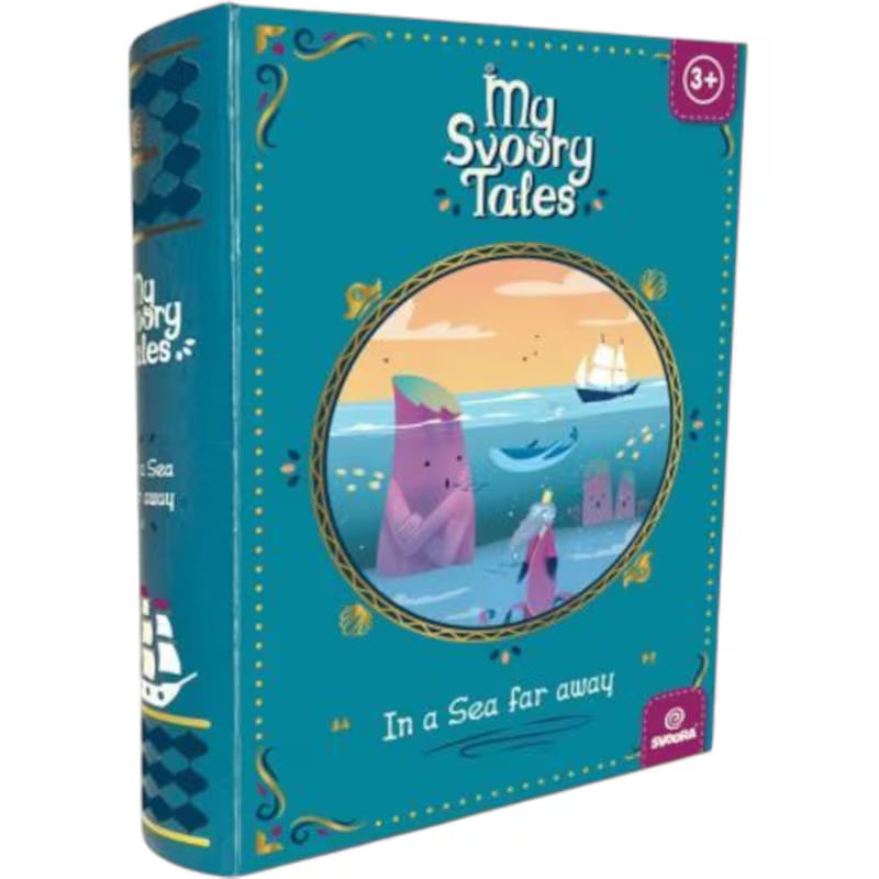 Capa do jogo de contar histórias My SvooryTales "In a Sea Far Away", com um design em tons de azul-turquesa e ilustração de personagens num ambiente marítimo.