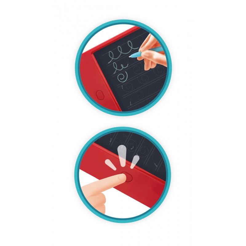 Detalhes de utilização do tablet Buki: uma mão a escrever cursivas no ecrã e um dedo a premir o botão de apagar.