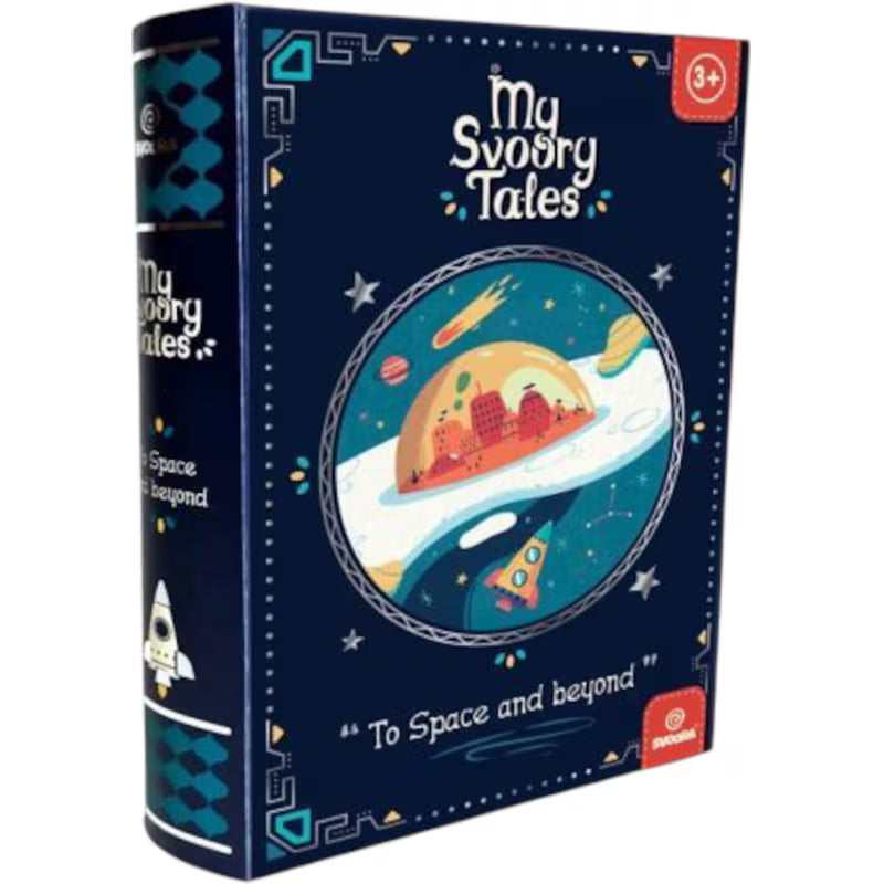 Caixa do jogo MySvooryTales "To Space and Beyond" com ilustração de um planeta e foguetão, com indicação de idade 3+.