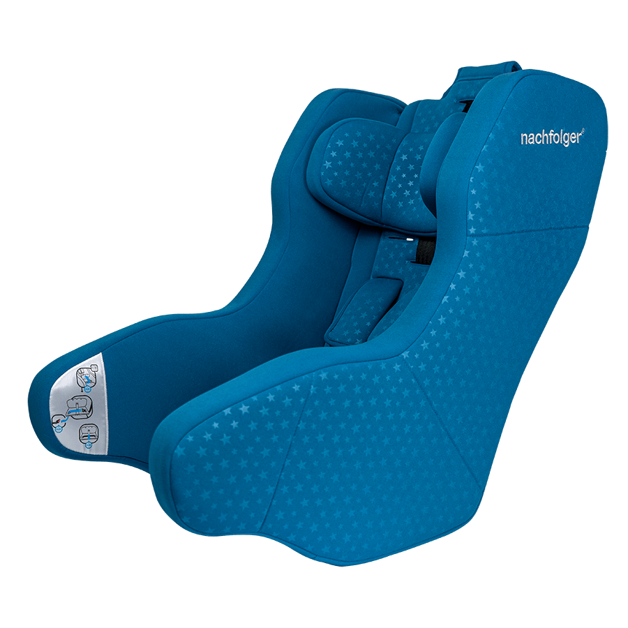 Cadeira auto Nashfolger HyFive CITY R129 azul, vista lateral, com detalhes de ajuste do cinto ou da capa visíveis.