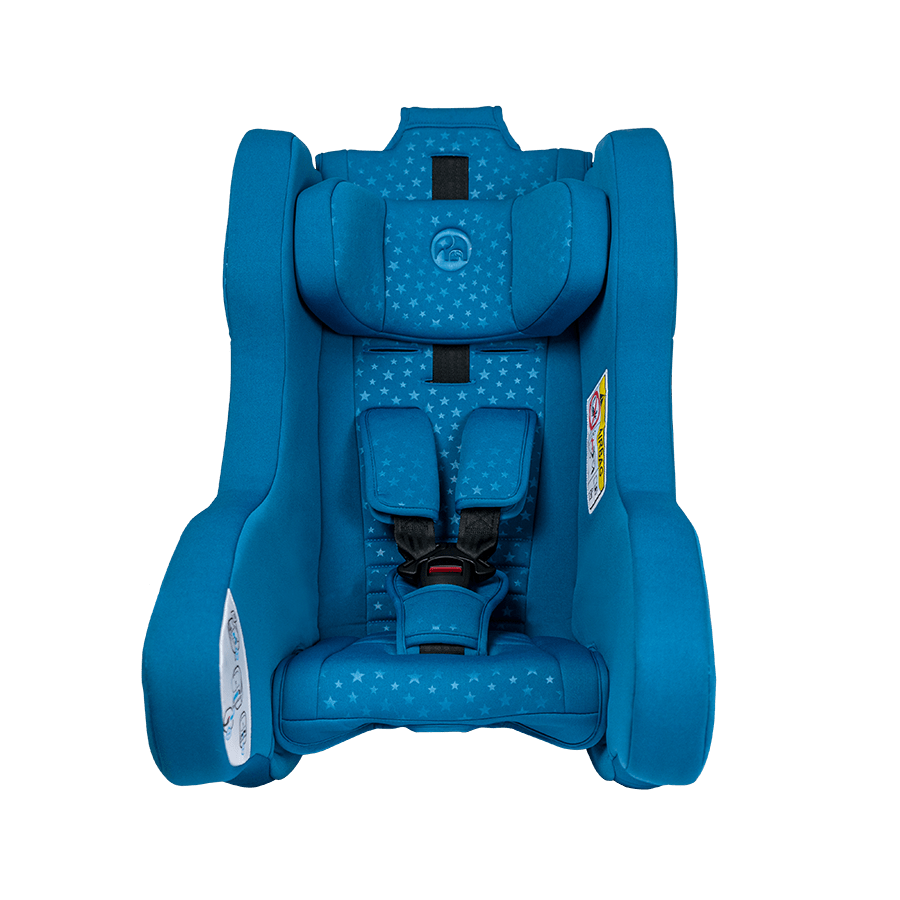 Cadeira auto Nashfolger HyFive CITY R129 azul, vista frontal, mostrando o arnês de 5 pontos e o encosto de cabeça.