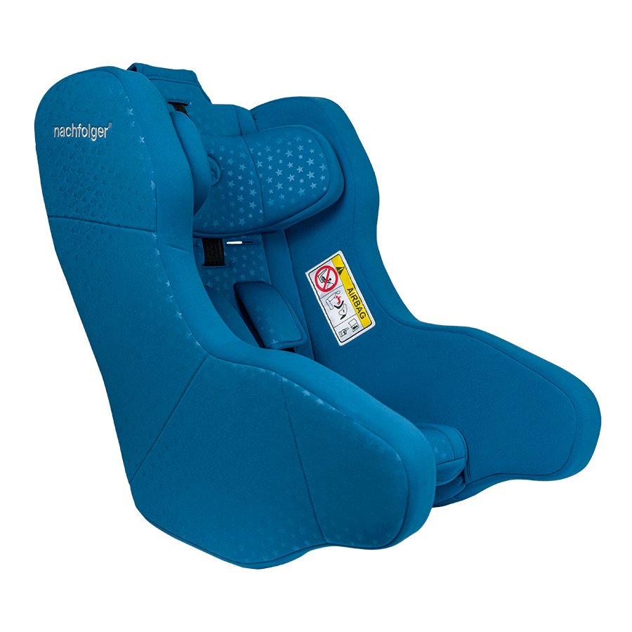 Cadeira auto Nashfolger HyFive CITY R129 azul, vista lateral, com padrão de estrelas e aviso de airbag.