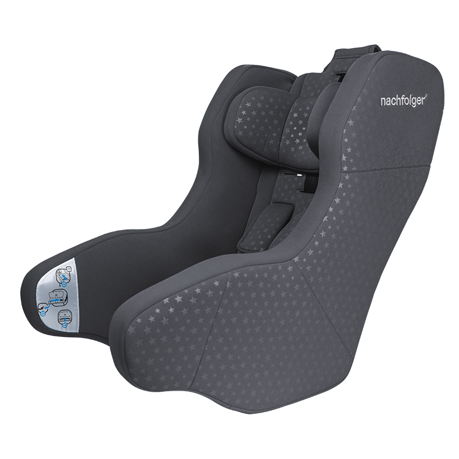 Cadeira auto Nashfolger HyFive CITY R129 cinzenta, vista lateral, com padrão de estrelas e detalhes de ajuste.