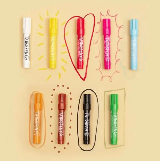 Conjunto de marcadores de tatuagem temporária Nailmatic em diversas cores com ilustrações criativas ao redor.