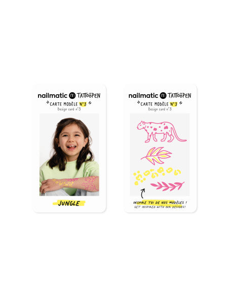 Cartões de modelos de desenho incluídos no kit Nailmatic Tattoopen com tema de selva.
