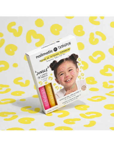 Conjunto Nailmatic Tattoopen Jungle com marcadores rosa e amarelo para desenhos de animais e natureza.