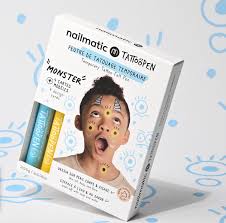Marcadores Nailmatic Tattoopen Monster em azul e amarelo para criar disfarces divertidos de monstros.