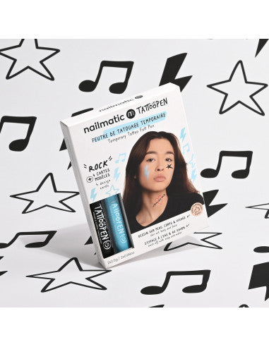 Kit Nailmatic Tattoopen Rock em tons de azul e preto, ideal para pinturas faciais criativas.