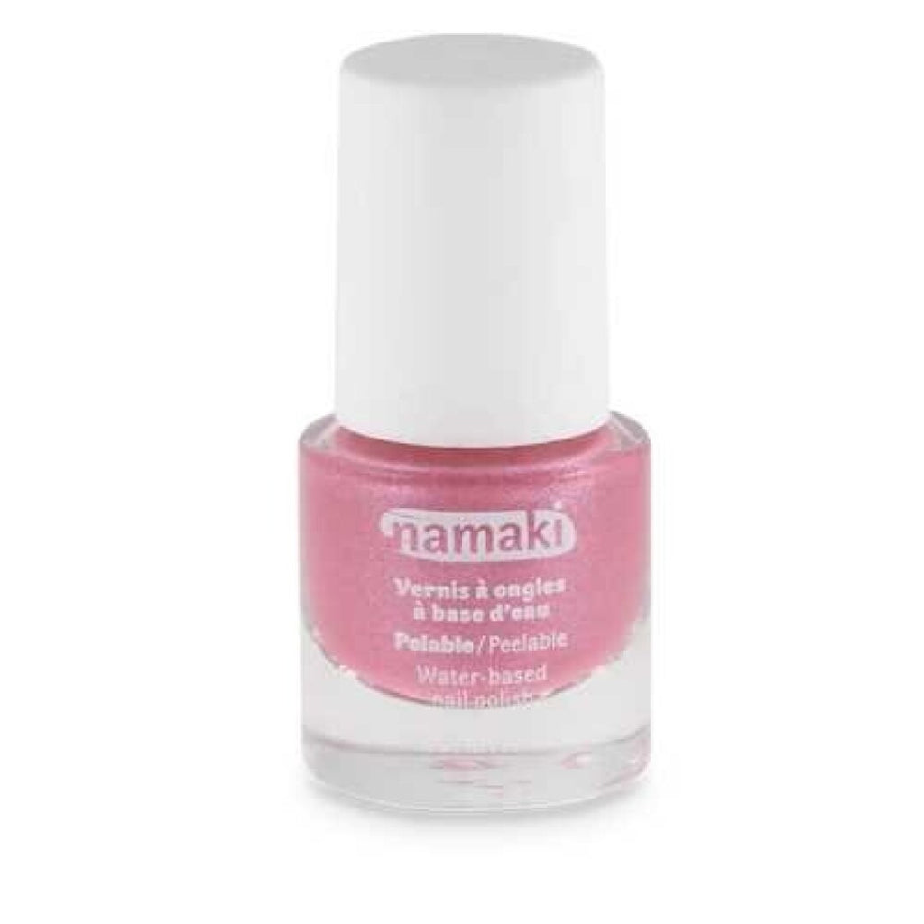 Frasco de verniz de unhas Namaki Pink Glitter à base de água, com tampa branca, ideal para crianças.