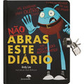 Capa do diário secreto "Não Abras Este Diário" de Andy Lee, com um monstro azul a avisar para não abrir e um cadeado prateado com chaves.
