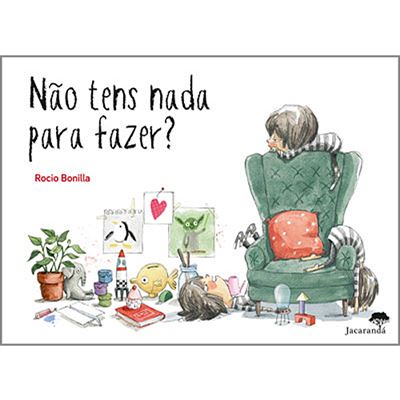 Ilustração colorida e divertida do livro infantil "Não Tens Nada para Fazer?", mostrando a personagem principal Minimoni e seu ambiente criativo e imaginativo.