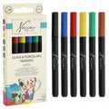 Conjunto Nassau de 6 marcadores para porcelana e vidro, exibindo a embalagem e os 6 marcadores coloridos lado a lado.