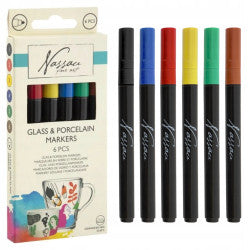 Conjunto Nassau de 6 marcadores para porcelana e vidro, exibindo a embalagem e os 6 marcadores coloridos lado a lado.
