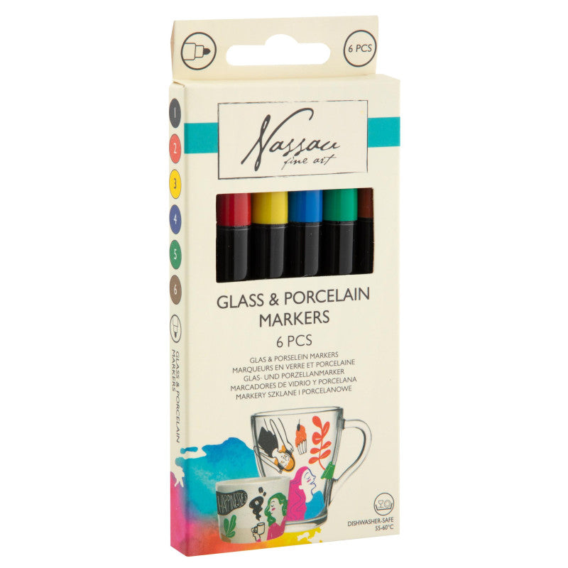 Vista frontal da embalagem dos marcadores Nassau para vidro e porcelana, destacando a capacidade de lavagem na máquina de lavar louça e exemplos de uso.