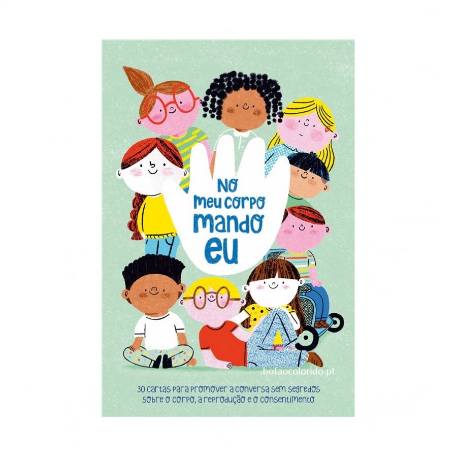 Conjunto de cartas "The Happy Gang - NO MEU CORPO MANDO EU" com ilustração de crianças e uma mão, promovendo educação sexual e consentimento.