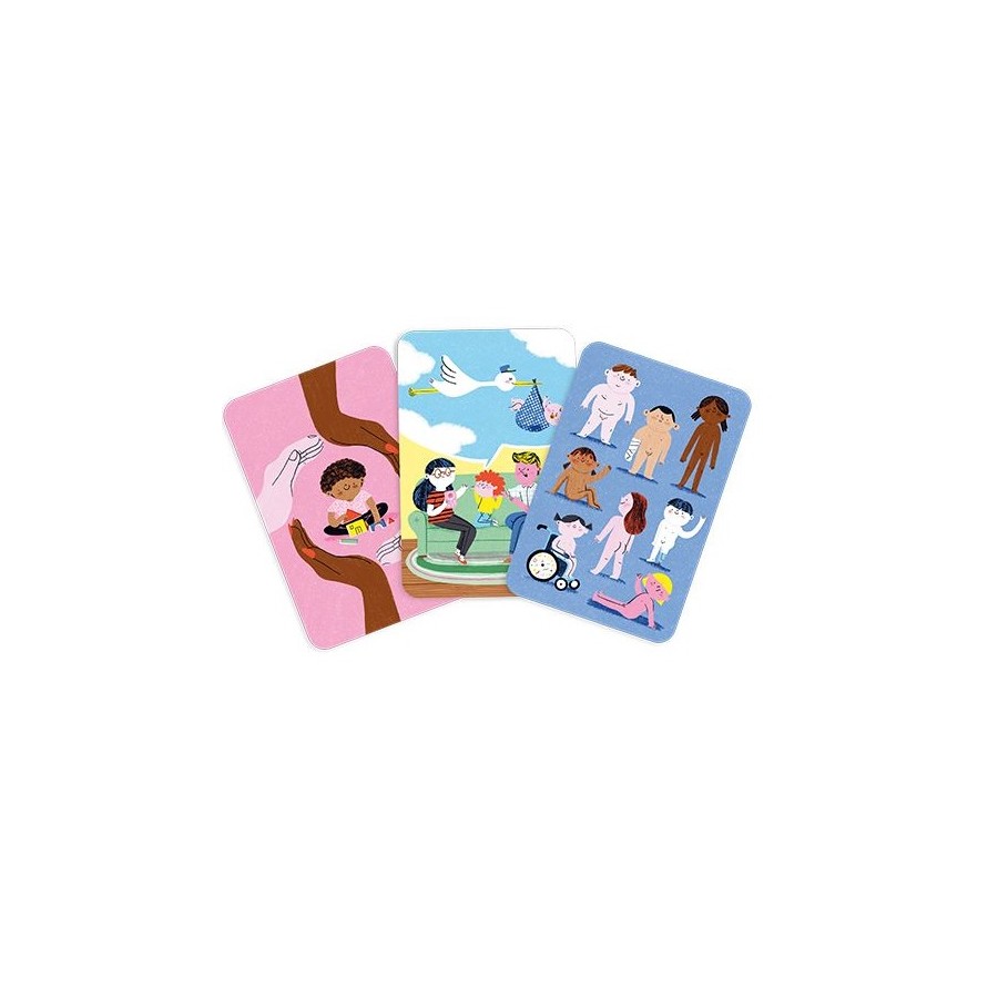 Três cartas ilustradas de "No Meu Corpo Mando Eu" com temas de corpo, nascimento e diversidade humana.