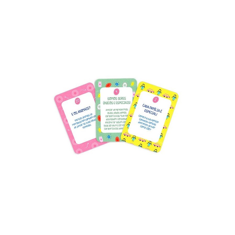 Três cartas de "No Meu Corpo Mando Eu" com textos educativos sobre animais, seres únicos e famílias diversas.