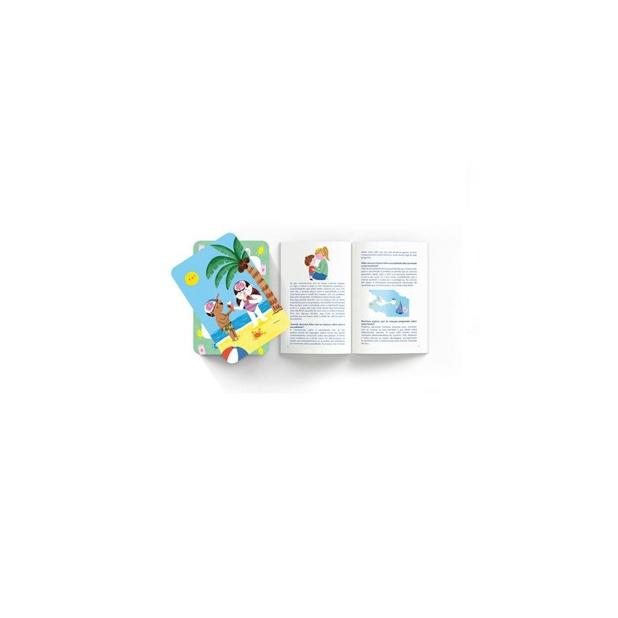 Livro-guia e cartas de "No Meu Corpo Mando Eu" abertos, mostrando conteúdo e ilustrações para educação sexual infantil.