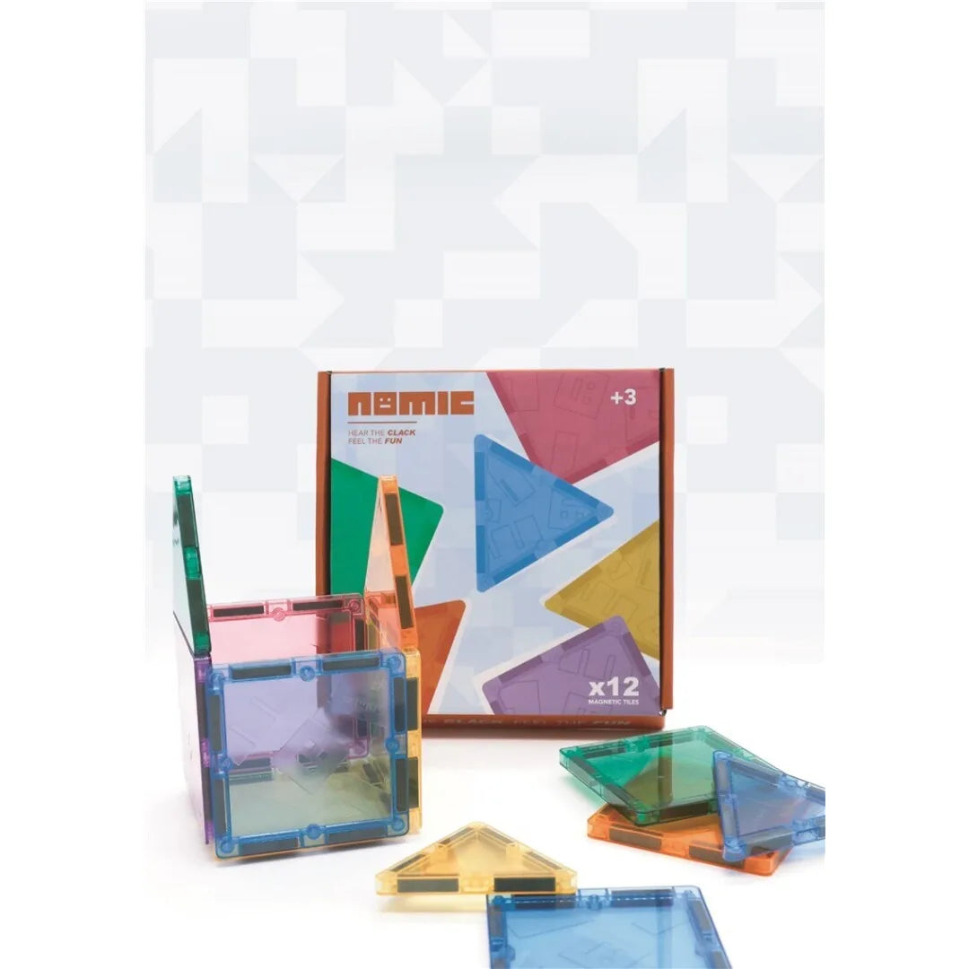 Conjunto de 12 blocos magnéticos coloridos e translúcidos Nomic Clack para construção infantil.