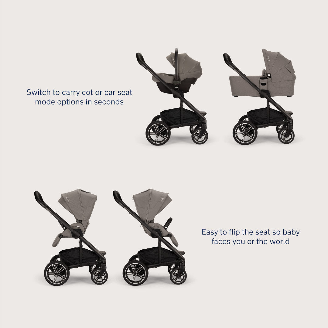 Bebé confortável no carrinho Nuna MIXX NEXT, em posição totalmente reclinada, utilizando o suporte de pés ajustável.