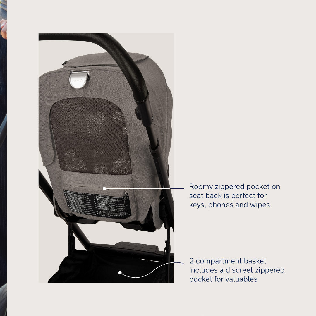 Cesto de arrumação grande sob o assento do carrinho Nuna MIXX NEXT, com bolso escondido visível.