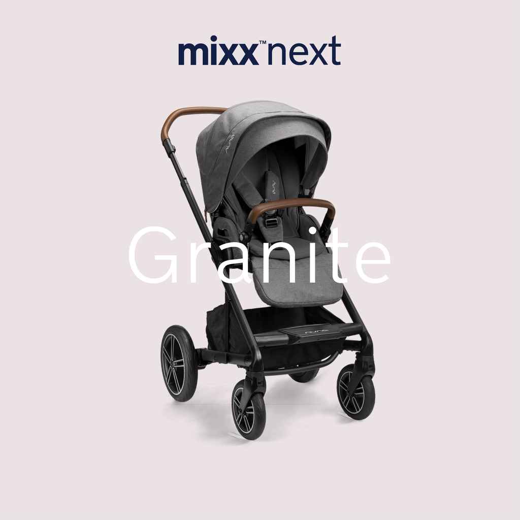 Carrinho Nuna MIXX NEXT em modo de viagem, com alcofa acoplada (ou assento em posição de recém-nascido), pronto para uso desde o nascimento.