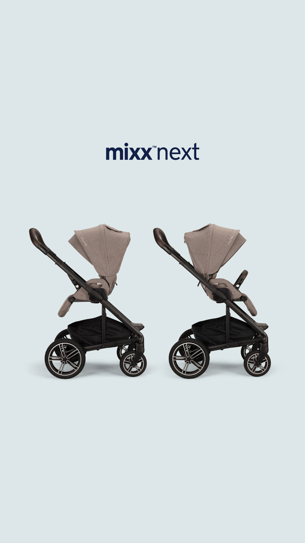 O carrinho Nuna MIXX NEXT em modo de passeio, com assento virado para a frente, destacando as rodas grandes e resistentes.