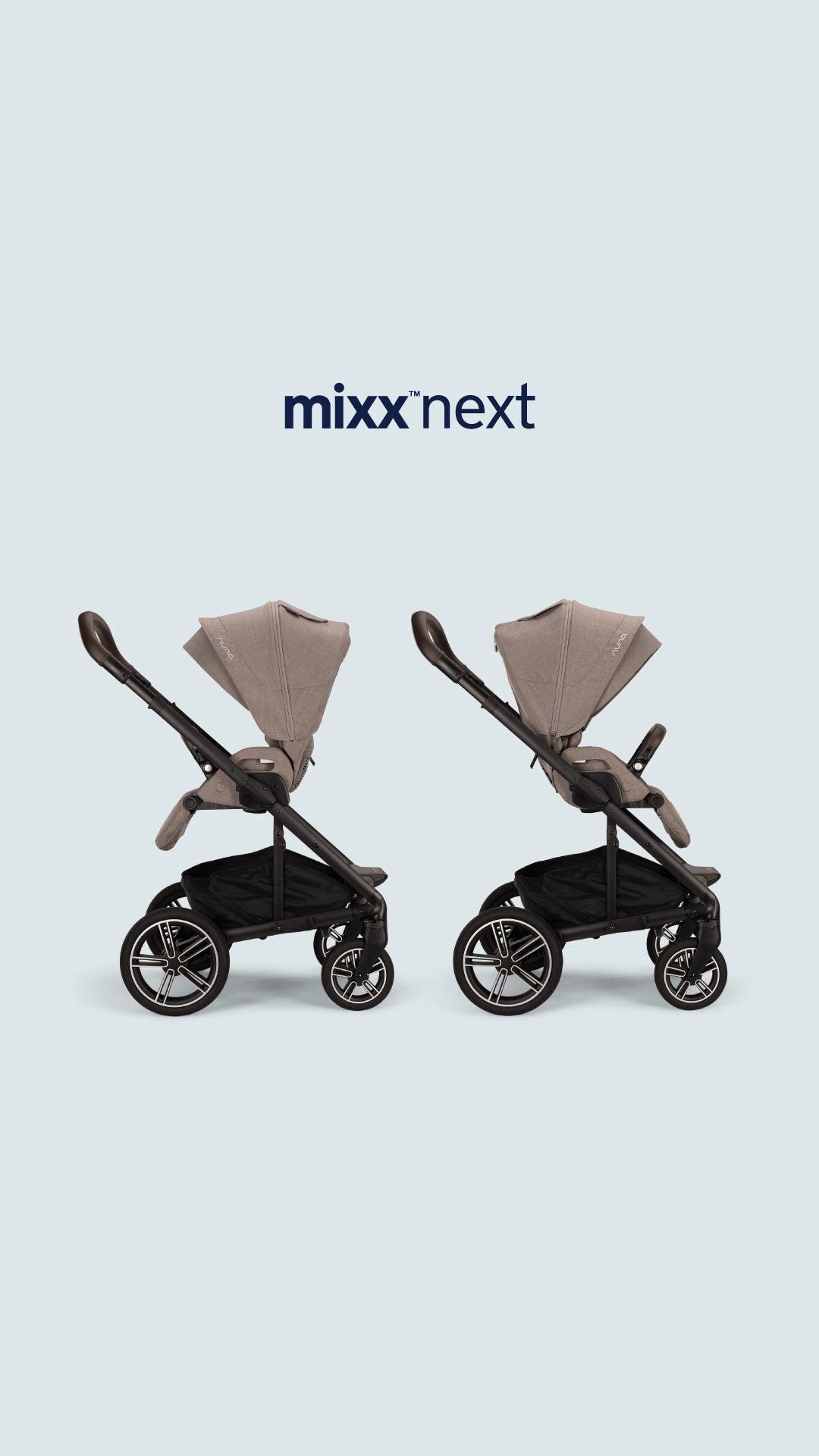 O carrinho Nuna MIXX NEXT em modo de passeio, com assento virado para a frente, destacando as rodas grandes e resistentes.