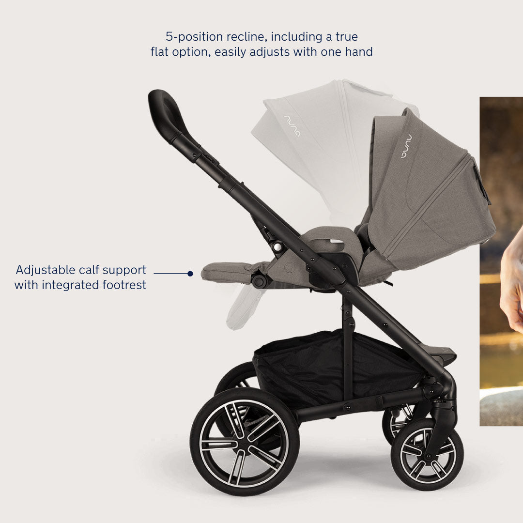 Vista frontal do carrinho Nuna MIXX NEXT, mostrando o design moderno e o espaço amplo do assento.