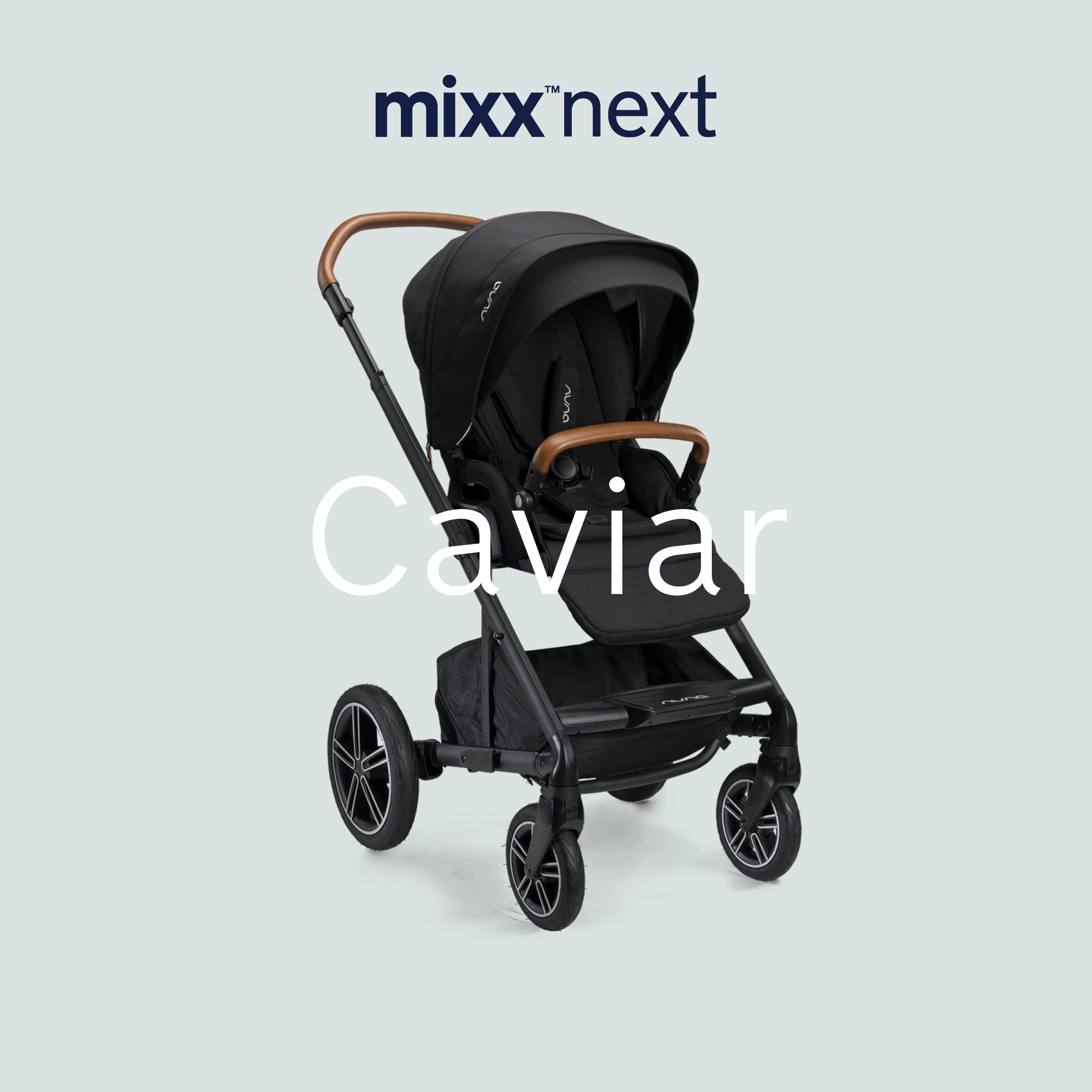 Carrinho de passeio Nuna MIXX NEXT na cor Caviar, preto, com detalhes em pele castanha, apresentado com o logótipo MIXX NEXT e o nome da cor.