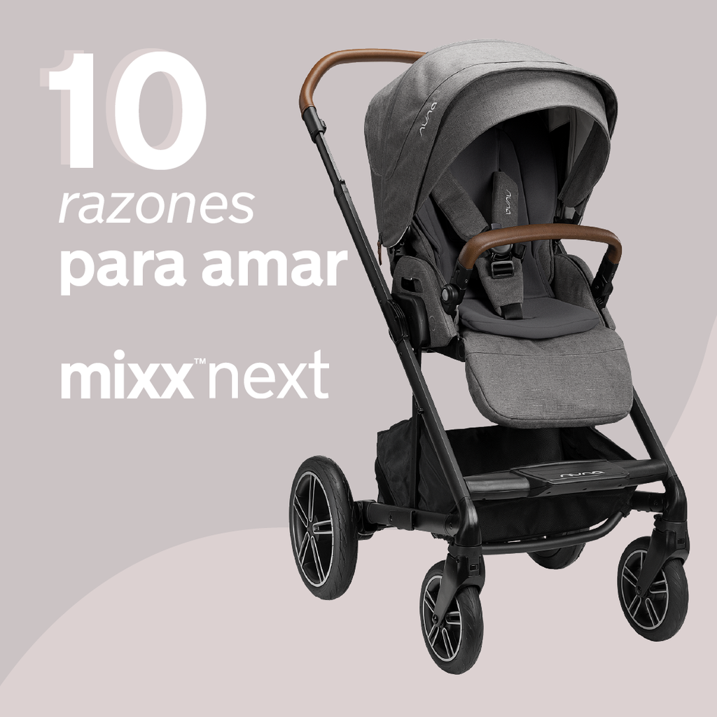 Carrinho Nuna MIXX NEXT em tecido cinzento, destacando 10 razões para amar o modelo, com foco no design e conforto.