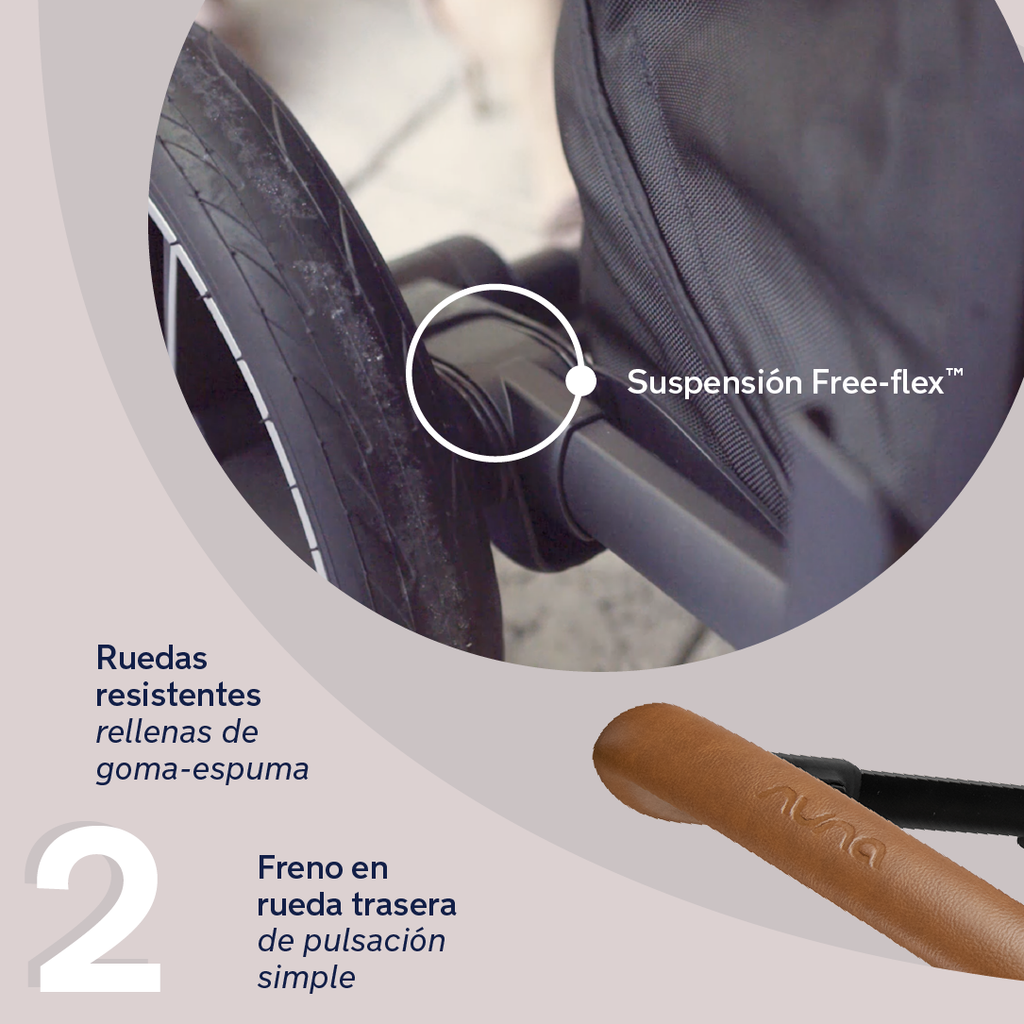 Detalhe das rodas resistentes com suspensão Free-flex™ e o travão traseiro de simples acionamento no carrinho Nuna MIXX NEXT.