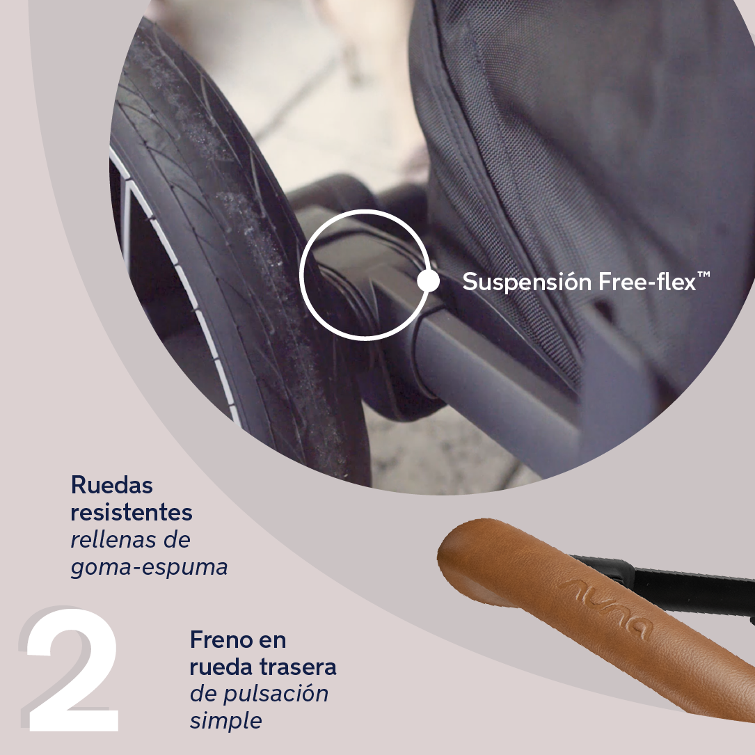 Detalhe das rodas resistentes com suspensão Free-flex™ e o travão traseiro de simples acionamento no carrinho Nuna MIXX NEXT.