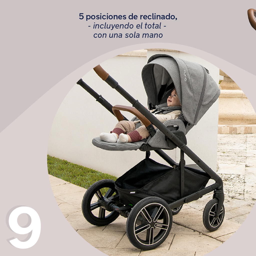 Criança sentada no carrinho Nuna MIXX NEXT em posição reclinada, demonstrando as 5 posições de reclinação ajustáveis com uma só mão.