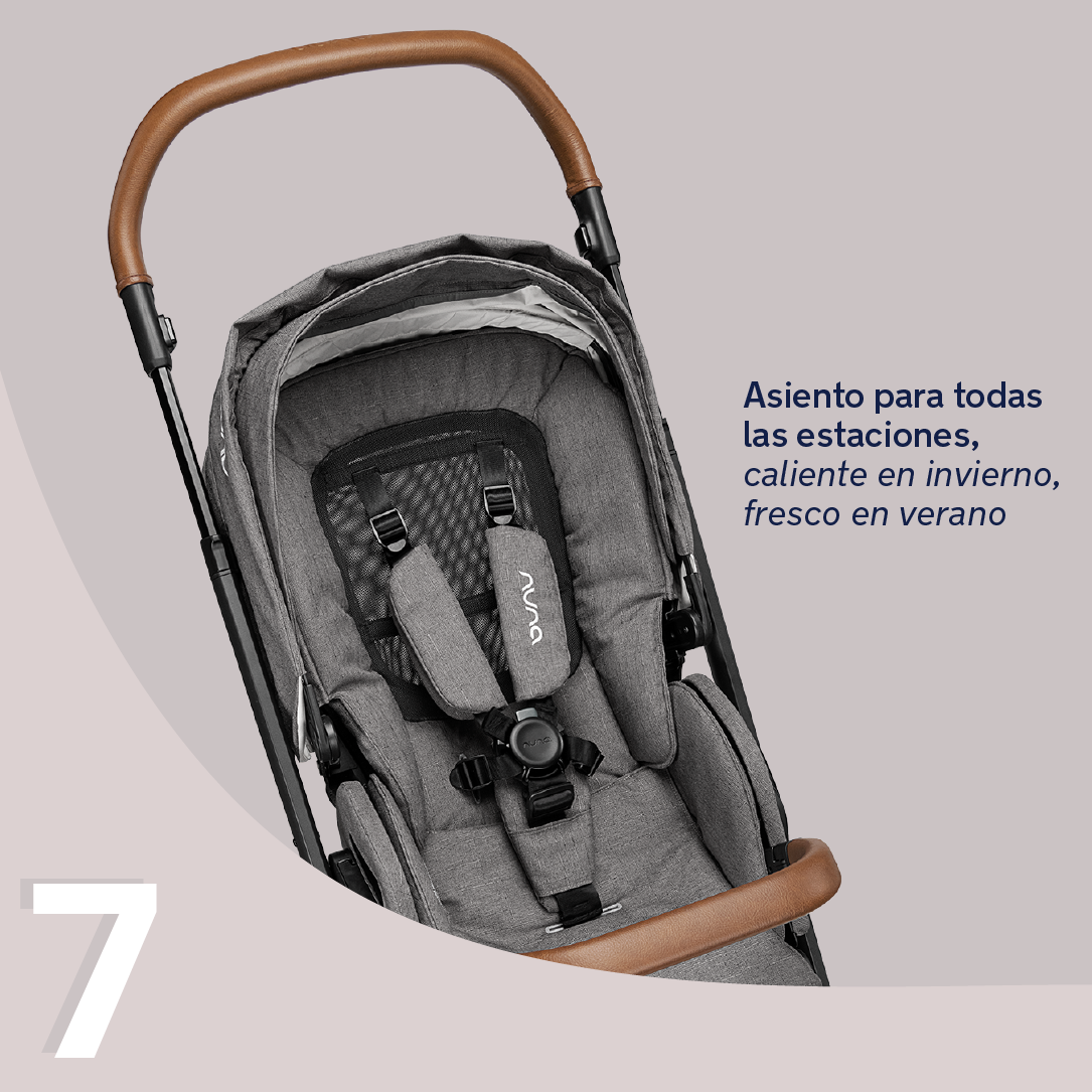 Foco no assento do carrinho Nuna MIXX NEXT em tecido cinzento, destacando o arnês de 5 pontos e a adaptabilidade para todas as estações.