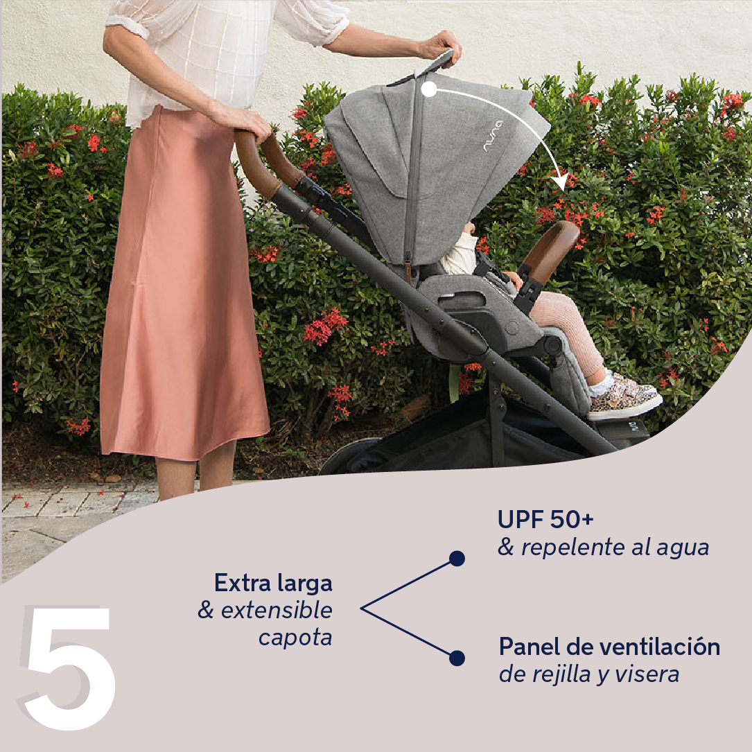 Detalhe da capota extra larga e extensível do carrinho Nuna MIXX NEXT, com painel de ventilação e proteção solar UPF 50+.