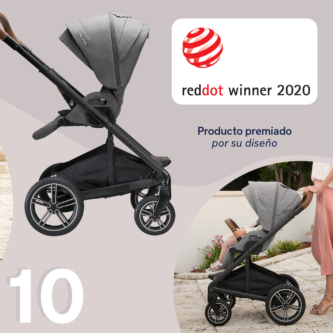 Carrinho Nuna MIXX NEXT (Caviar) com logótipo Red Dot Winner 2020, destacando o design premiado e o uso em passeio.