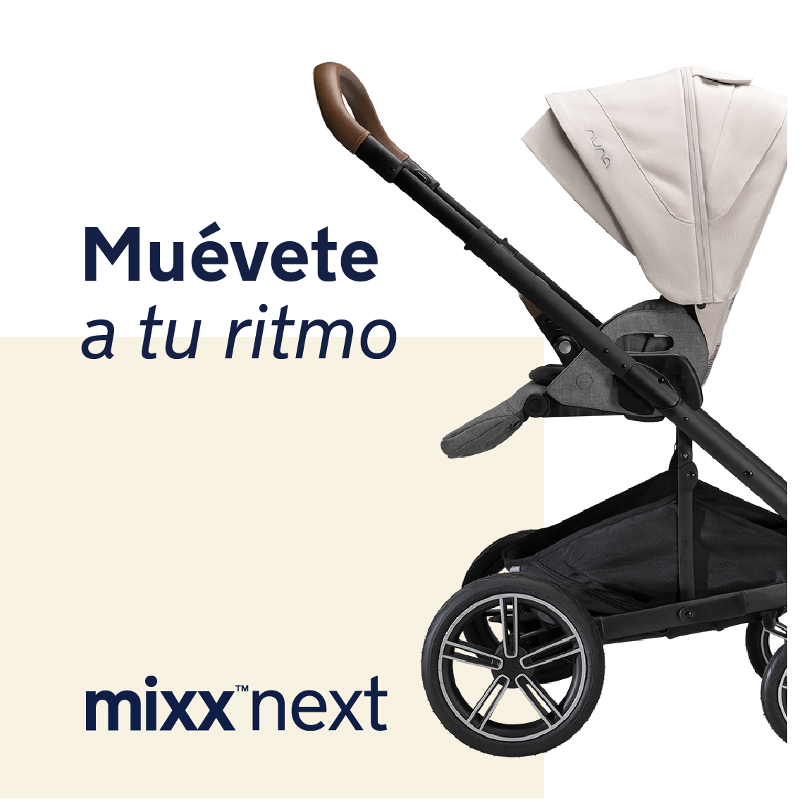 Vista lateral do carrinho Nuna MIXX NEXT em cor clara, com foco na estrutura robusta e rodas grandes, ideal para mobilidade.