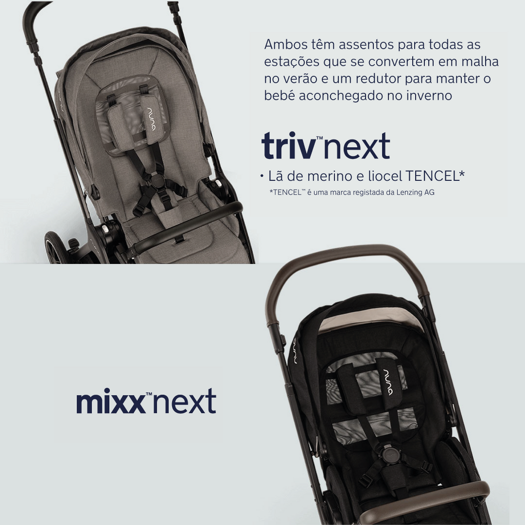 Comparação dos assentos do Nuna TRIV NEXT (cinzento) com redutor de lã Merino e TENCEL™ e do MIXX NEXT (preto), focando no conforto para todas as estações.