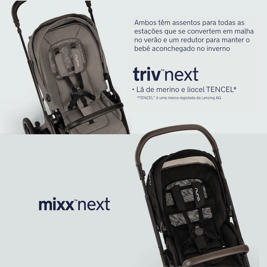 Comparação dos assentos do Nuna TRIV NEXT (cinzento) com redutor de lã Merino e TENCEL™ e do MIXX NEXT (preto), focando no conforto para todas as estações.